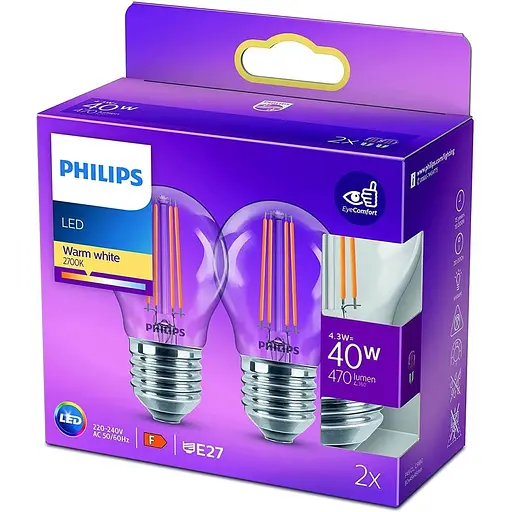 2 шт Світлодіодна лампа Philips Premium Lustre [E14 Edison Screw] 4,3 Вт — еквівалент 40 Вт, теплий білий (270