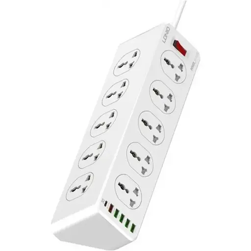 Сетевое зарядное устройство удлинитель LDNIO SC10610EU 5 USB/ Type-C QC PD 10 розеток 2m серо-белый - фото 1