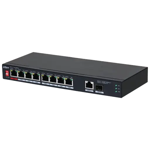 10-портовий некерований комутатор DH-PFS3110-8ET1GT1GF-96 з 8 портами POE 100Мбіт + 1 порт UP-Link 1000Мбіт + 1 порт SFP, корпус - метал, Black