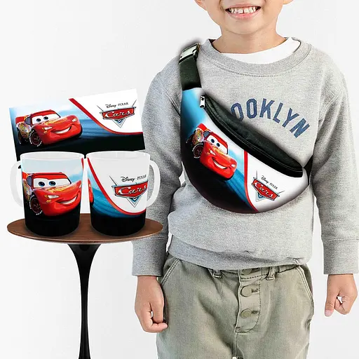 Набір: дитяча сумка-бананка+кружка Тачки Блискавка Маквін 32х15см, бананка для хлопчика через плече на подарунок (00980)