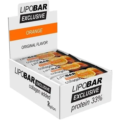 Блок батончиків LipoBar Exclusive Protein Bar, 20*50 грам збагачений біоактивним колагеном Peptan - Апельсин