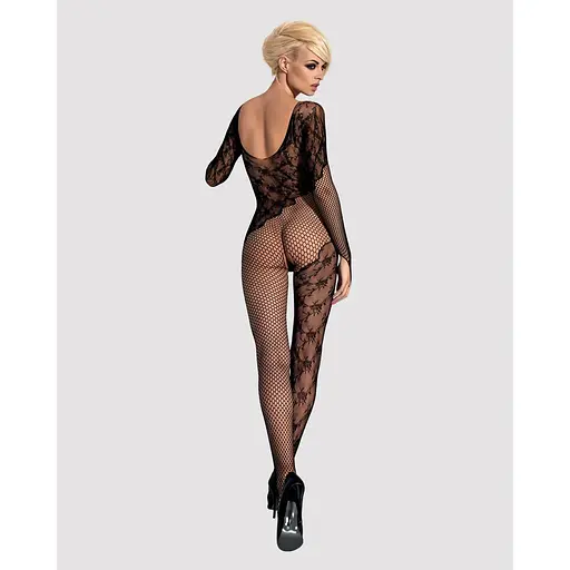 Бодистокинг Obsessive Bodystocking F210 S/M/L Black, рукава-митенки, сетка, цветное кружево - фото 4