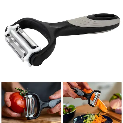 Овочечистка економка та шатківниця Max3 Turbo для нарізки соломкою та слайсами овочів фруктів із силіконовою ручкою, Kitchen Master Чорний 85584 - фото 2