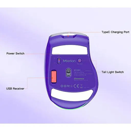 Миша MEETION 2.4 G + Bluetooth wireless gaming mouse BTM001 |800-1200-1600-2400dpi, 7keys, 35/140h, Type-C Charging, RGB| - фото 3