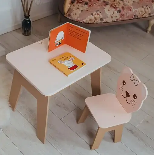 Дитячий стіл з ящиком + стільчик для навчання та гри (Рожевий з ведмедиком)