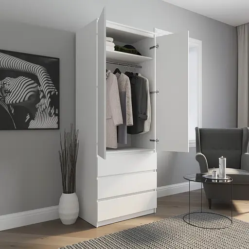 Шкаф для одежды Vays R-9 Бетон-Белый фасад, 3 ящика, штанга, без ручек, ЛДСП, 80×50×211 см – для спальни, гостиной, прихожей - фото 2