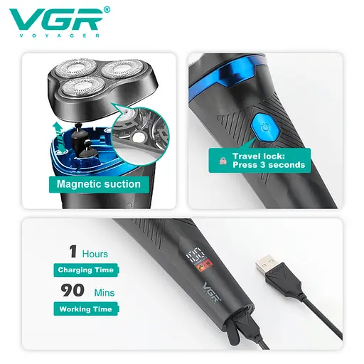 Электробритва для мужчин VGR V-314 роторная для влажного и сухого бритья с водонепроницаемым корпусом и LED дисплей 5 Вт Черный - фото 3