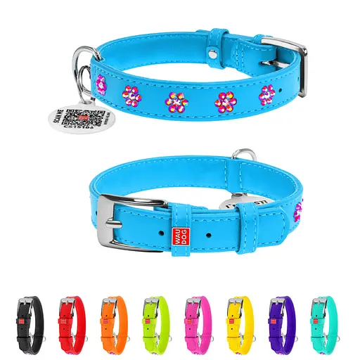 Нашийник для собак шкіряний Waudog Glamour з QR-паспортом з клейовими стразами "Квіти" Ш 15 мм Д 27-36 см блакитний - фото 2