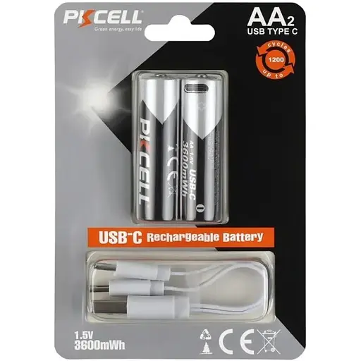 Аккумуляторные батарейки PKCELL комплект со входом USB-C AA-3600 3600mWh (2 штуки) 1.5V AA - фото 1