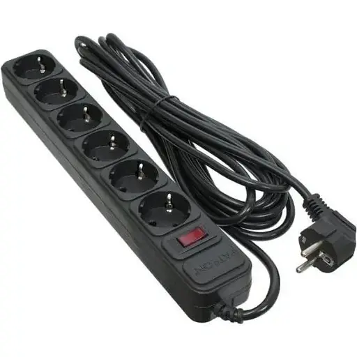 Фильтр сетевой Patron, 6 розеток, 5 м, черный, 10А, до 2.2 кВт, выключатель, заземление, 3x1 мм² (SP-1065) - фото 1