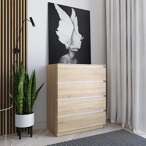 Комод Vays R-4 Дуб Сонома-Білі планки, на 4 шухляди без ручок, ЛДСП 80×40×98 см - для дому, офісу, вітальні, спальні