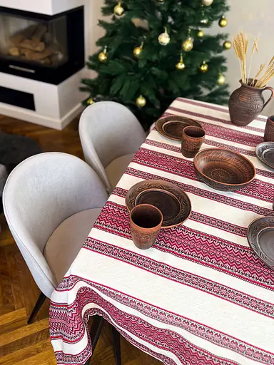 Лляна скатертина різдвяна з українським орнаментом "Рандеву червоний" - 150х110 см - фото 8