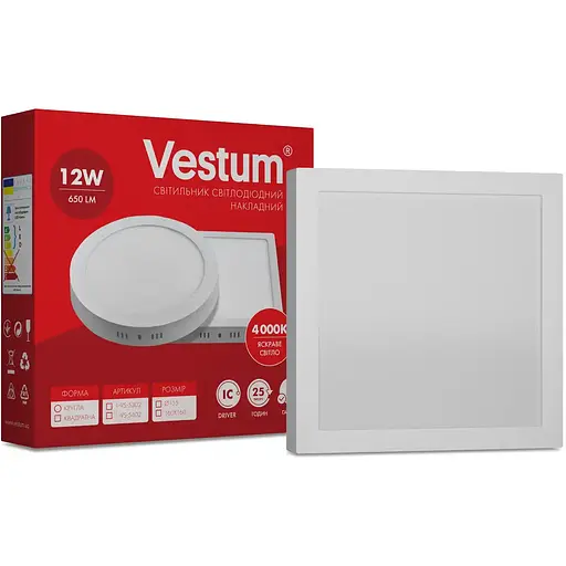 Квадратный светодиодный светильник Vestum накладной 12W 4000K 220V 1-VS-5402 - фото 2