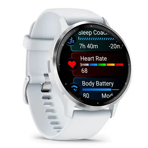 Смарт-часи Garmin Venu 3 зі сріблястим сталевим безелем та силіконовим білим ремінцем