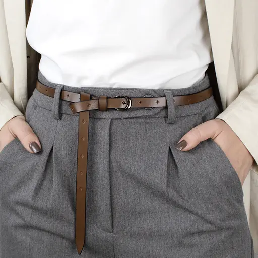 Ремень женский кожаный узкий с дырочками SF-1545 светло-коричневый (115 см) - фото 1