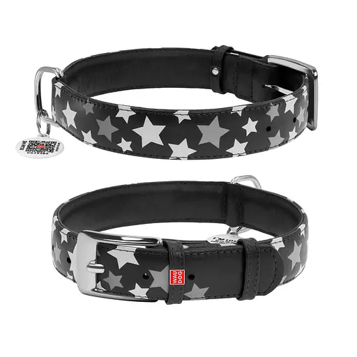 Ошейник для собак кожаный Waudog Glamour с QR-паспортом узор "Звездочка" светонакопительный/светоотражающий XL Ш 35