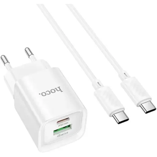 Мережевий зарядний пристрій Hoco C147A Charm PD20W+QC3.0 charger set(Type-C to Type-C)(EU) Білий - фото 1