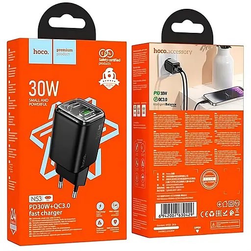 Сетевое зарядное устройство Hoco N53 Monsoon PD30W + QC3.0 USB + Type-C черный - фото 2