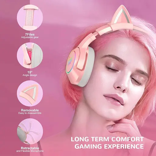 Игровые наушники с кошачьими ушками Onikuma K9 3.5. c микрофоном |Проводные наушники для стриминга. Розовые - фото 6
