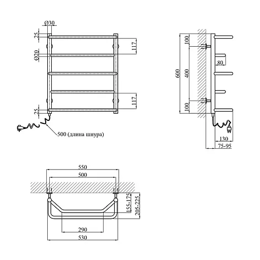 Рушникосушарка електрична Kroner Мікс ДМ03EL 600x500/5 EL CV017224, Хром, Ліве - фото 2