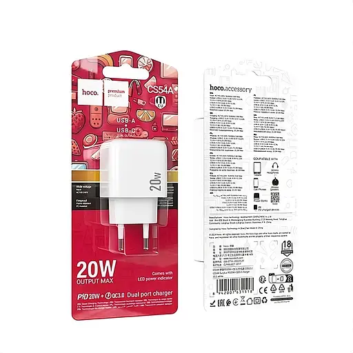 Сетевое зарядное устройство Hoco CS54A 20W/3A USB + Type-C White - фото 3