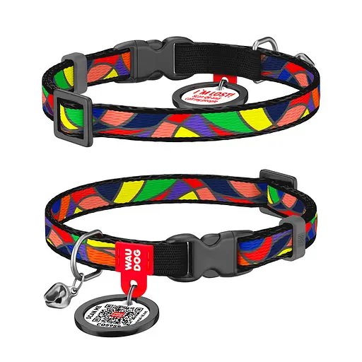 Ошейник для кошек нейлоновый Waudog Nylon с QR-паспортом "Витраж" пластиковый фастекс Ш 10 мм Д 20-30 см