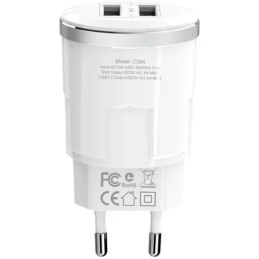 Адаптер мережевий Hoco Thunder C38A на 2 порти USB-A блок живлення білий - фото 1