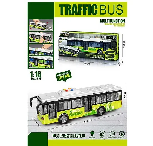 Автобус, звук, подсветка, механическое открытие дверей, масштаб 1:16, резиновые колеса, инерция