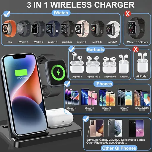 Беспроводное зарядное устройство CAVN GY-Z5G 3 в 1 индукционное apple watch airpods черное - фото 2