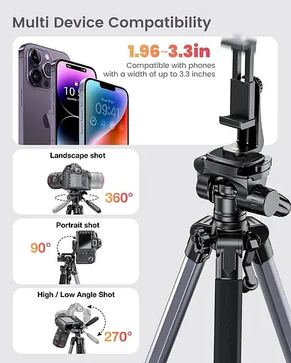 CAMBOFOTO 74"-Camera-Tripod, професійний алюмінієвий штатив/підставка для ніг Бездзеркальна камера/DSLR/Мобільний телефон - фото 2
