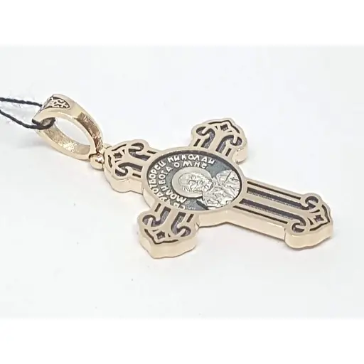 Золотий хрестик Харківська ювелірна фабрика. Микола Чудотворець/Розп'яття Христа. 11582-Ч - фото 2