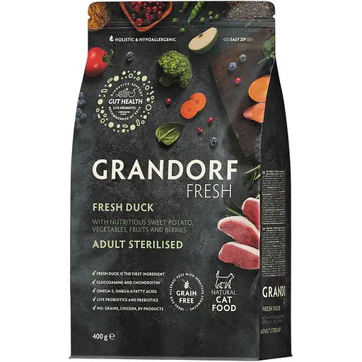 Сухой Беззерновой корм для стерилизованных котов Grandorf Fresh Duck & Sweet Potato Adult Cat Sterilised утка с бататом 400 г - фото 1
