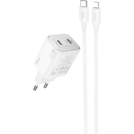 Мережевий зарядний пристрій з кабелем Hoco N42 Elogiado dual-port PD45W(2C) charger set(C to iP) білий - фото 1