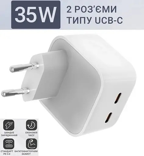 Зарядний пристрій Foxconn Dual USB-C Port Power Adapter 35 W - фото 3