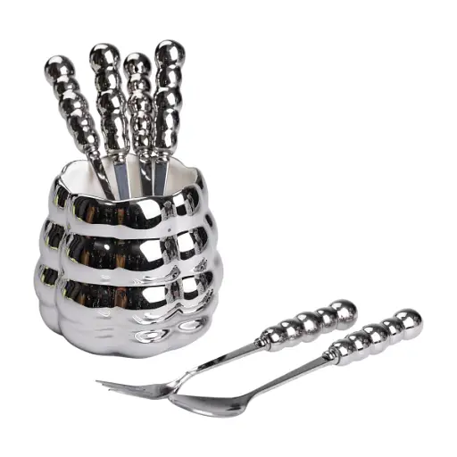 Набір десертних вилок та ложок Yiwu з порцеляновою підставкою сріблястий HP-20-61 - фото 2