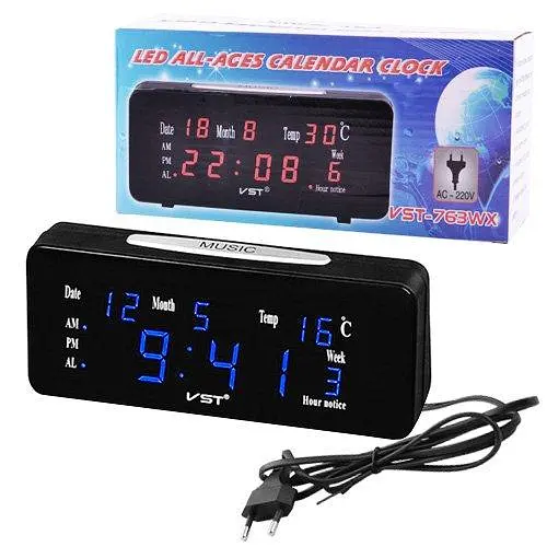 Часы сетевые VST-763 WX-5 температура (Синие цифры) - фото 3