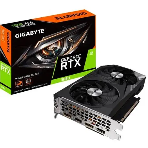 Відеокарта GeForce RTX 3060, Gigabyte, WINDFORCE OC, 12Gb GDDR6, 192-bit, 2xHDMI/2xDP, 1792/15000 MHz, 8-pin (GV-N3060WF2OC-12GD)