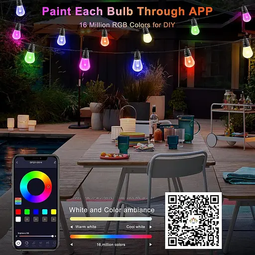 Уличные гирлянды Voneta, 49 футов, 20 лампочек RGB для патио с пультом дистанционного управления и приложением - фото 7