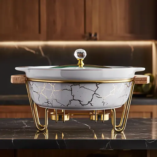 Мармит фарфоровый настольный круглый 1.3(л) мармитница с подогревом Белый мрамор Yiwu LC-711 - фото 2