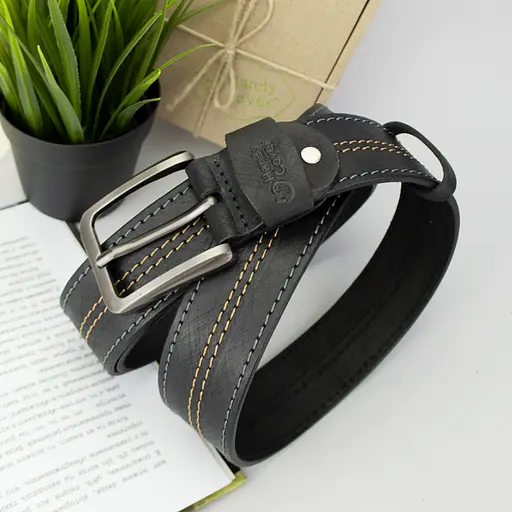 Ремень мужской кожаный черный SF-4001 (125 см) винтажный со строчкой - фото 6