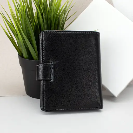 Кошелек мужской кожаный с карманом для прав 112-A черный на кнопке - фото 3