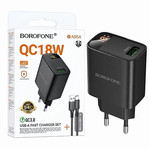 Зарядное устройство Borofone BA95A USB-A и кабель Type-C 18W поддержка Quick Charge 3.0 черный