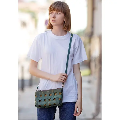 Кожаная женская плетеная сумка Пазл S зеленая Crazy Horse - фото 9