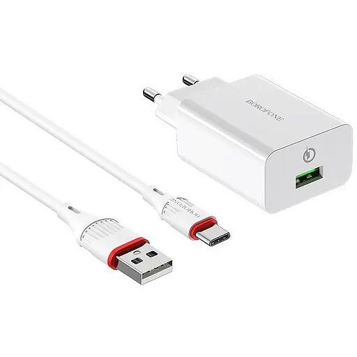 МЗП Borofone BA21A Long journey QC3.0 3A (1USB-A) + кабель USB to Type-C Білий