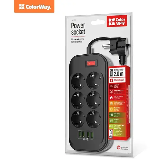 Фільтр мережевий 2 м ColorWay, Black, 6 x євророзетки, 4 x USB до 3.4 A (Super Charge), дріт з міді (до 2500 Вт), 10A, захисні шторки, 312 x 190 x 50 мм (CW-CHE64B)