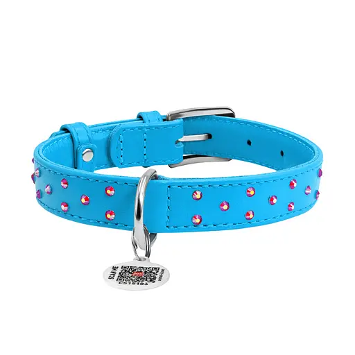 Ошейник для собак кожаный Waudog Glamour с QR-паспортом с клеевыми стразами Ш 20 мм Д 30-39 см голубой - фото 3