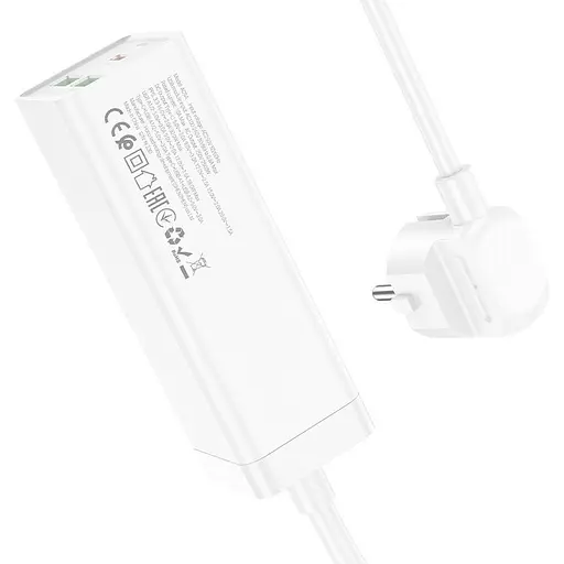 Мережевий фільтр HOCO AC9A на 1 розетку + 2 USB + USB-C, 30W, 220В, кабель 1.5 м, White, Box - фото 3
