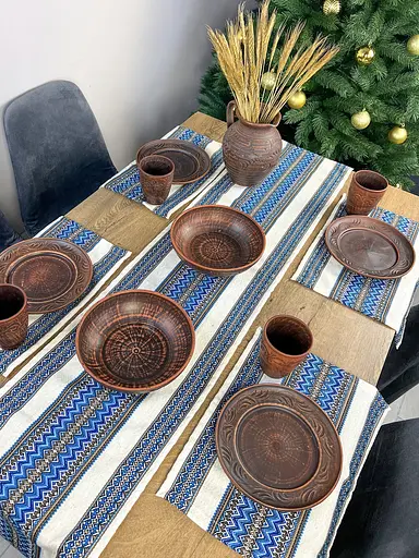 Комплект Ранер 140х30 см + серветки 30х40 см 18 шт різдвяний лляний з українським орнаментом Рандеву синій - фото 9