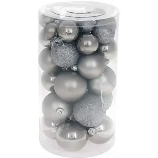 Набір сірих ялинкових куль 40 шт 3 см 4 см 5 см 6 см з гліттером та перламутром пластикові у прозорій тубі - фото 1