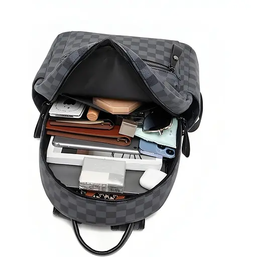 Повсякденний жіночий рюкзак з екошкіри 30х13х35 см чорний у клітинку (2255) - фото 2